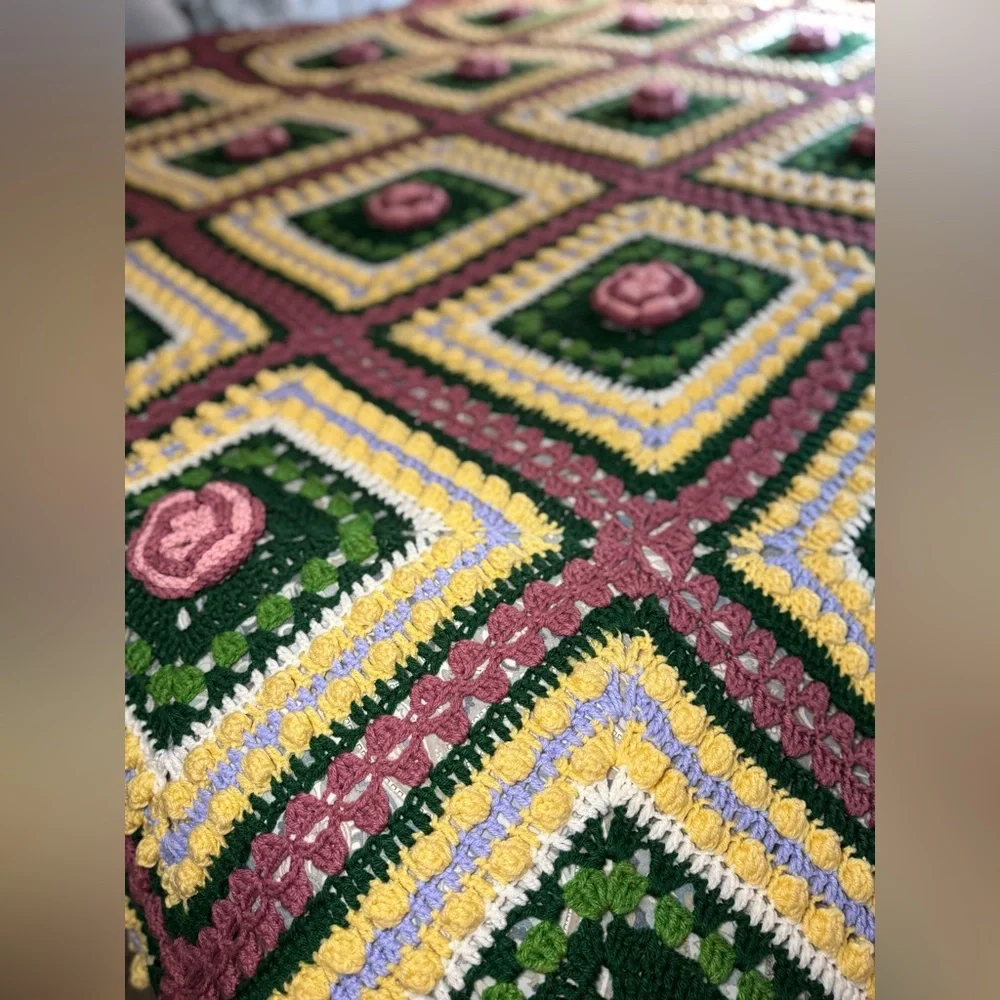 RARE Circa 1980’s Massive Crochet Comforter and Matching Pillow Shams